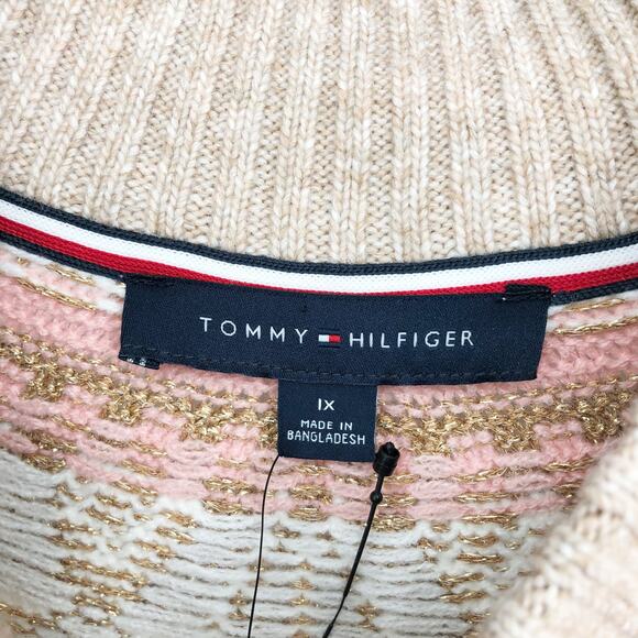 TOMMY HILFIGER Womens Pullover Sweater 1X Tan Pink Knit Metallic Fairisle NWT - Picture 7 of 11